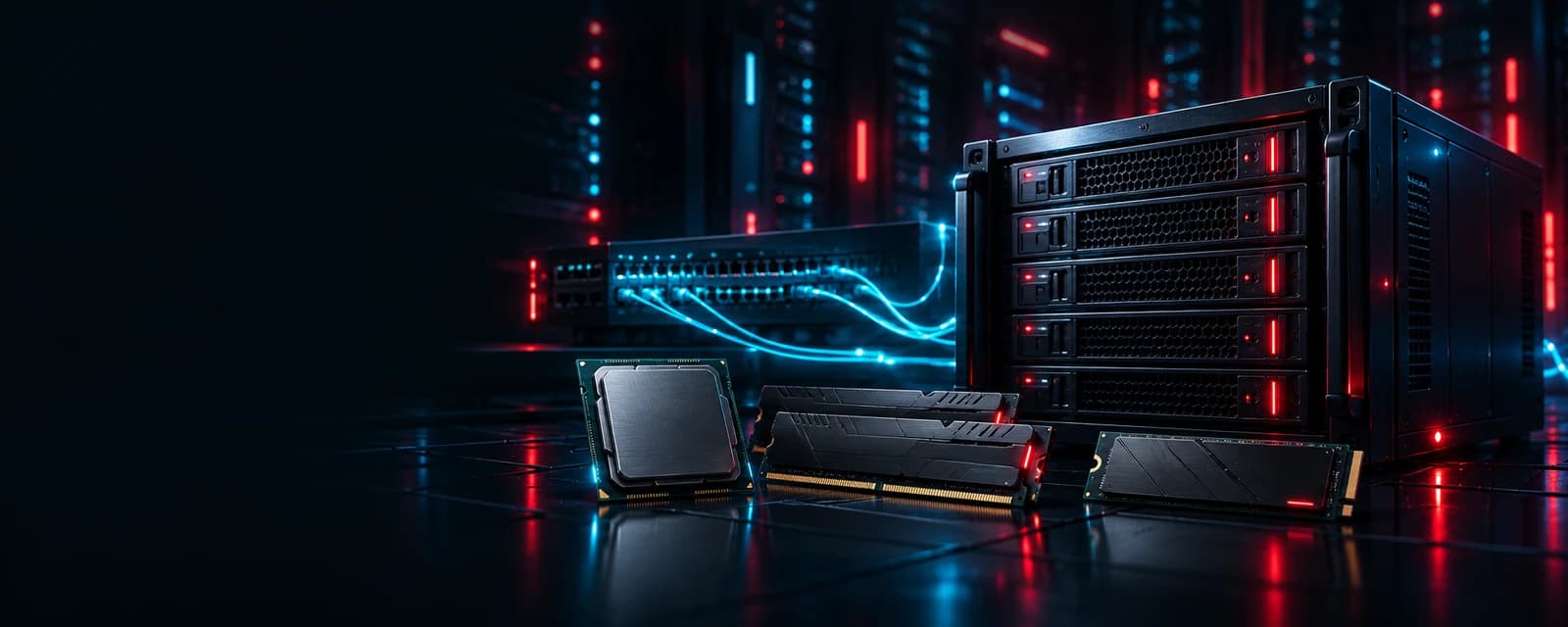 ภาพประกอบเซิร์ฟเวอร์ CPU หน่วยความจำและอุปกรณ์เครือข่าย